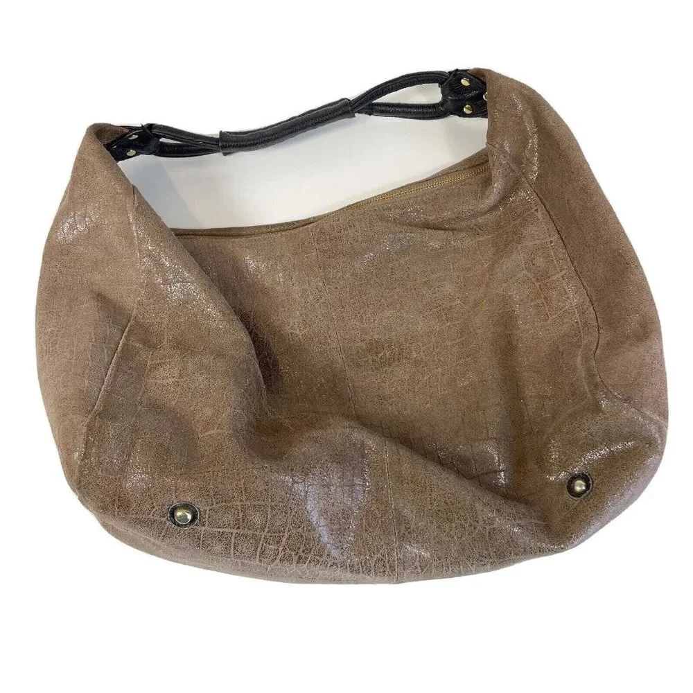 Lola Bernard Modena Croc Embossed Leather Hobo Handbag Purse Brown S Zip Pockets